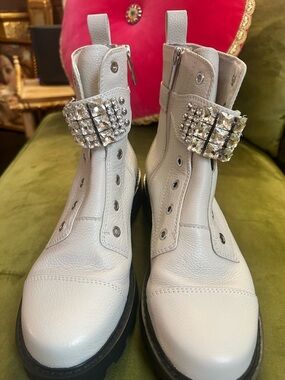 Karl Lagerfeld White Leather Ankle Combat Boots with Crystal Buckle